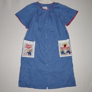 Sergio Valente 80s House Dress Large Blue Snap Short Sleeve Pocket Bear Club